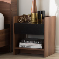 Baxton Studio VDNT0014-Walnut/Black-NS Vanda Modern and Contemporary Two-Tone Walnut and Black Wood 1-Drawer Nightstand